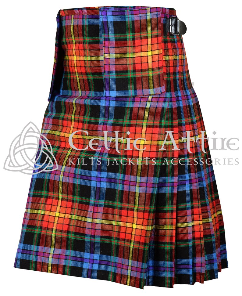 May include: A traditional kilt with a colorful tartan pattern in shades of red, yellow, blue, green, and black. The kilt has a black leather strap and buckle at the waist.