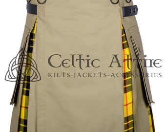 Premium Handmade - Custom Size - Modern Scottish Hybrid Utility Kilt - Khaki Cotton with Tartan Pleats