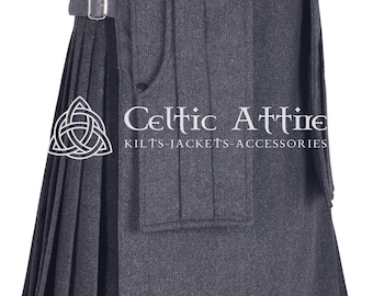 Scottish 8 Yard Kilt For Men - 16 Oz Heavy Black Tweed Traditional Highlander Kilt - Detachable Pockets - Custom Made Premium Handmade Kilt
