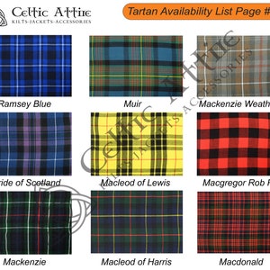 May include: A chart showing different tartan patterns, including Ramsey Blue, Muir, Mackenzie Weathered, Pride of Scotland, Macleod of Lewis, MacGregor Rob Roy, Mackenzie, Macleod of Harris, and Macdonald. The chart is titled "Tartan Availability List Page # 03".