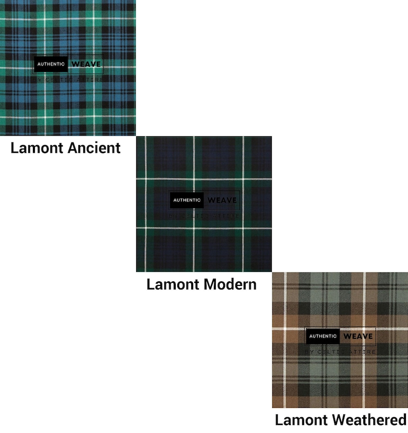Pu&ograve; includere: Tre campioni di tessuto tartan: Lamont Ancient in verde e blu, Lamont Modern in blu navy e verde e Lamont Weathered in marrone e grigio. Ogni campione ha un'etichetta nera con il testo "AUTHENTIC WEAVE".