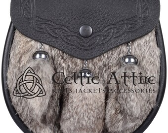 Premium Handmade - Scottish Semi Dress KILT SPORRAN - Black Leather & Brown Rabbit Fur - Celtic Embossed Flap - Free Chain Belt