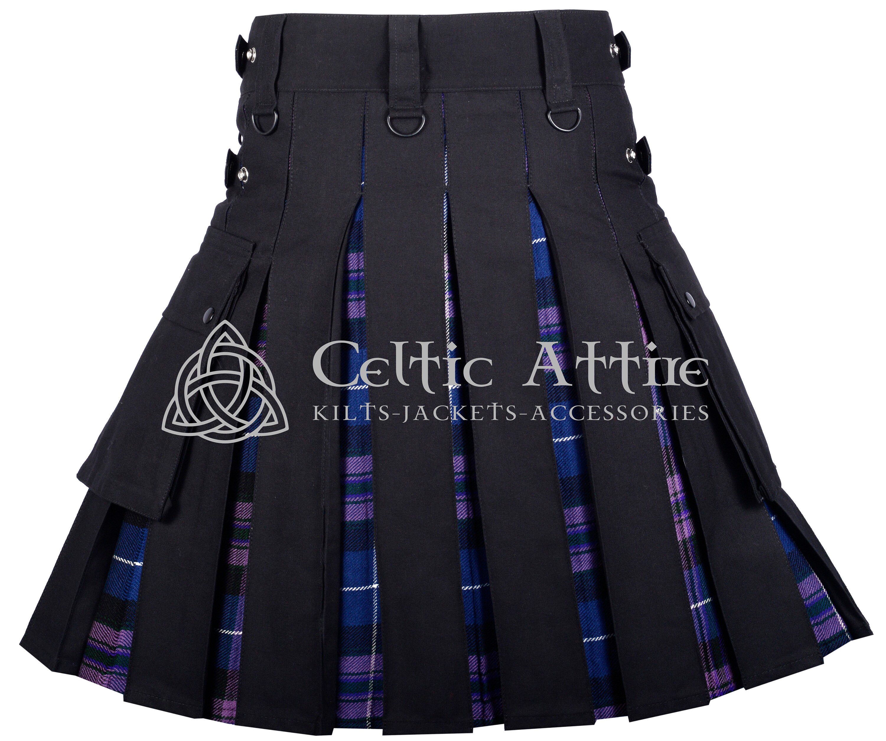 Sort Kalot Black Cotton Utility Hybrid Kilt - Scottish Tartan Cargo Pockets KILT ...