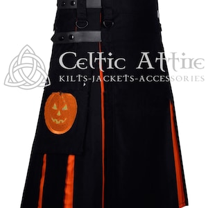 Jack O Lantern Kilt - Halloween 2026 Black Cotton Gothic Kilt With Pumpkin Embroidery - Made to Order - Scottish Utility Kilt