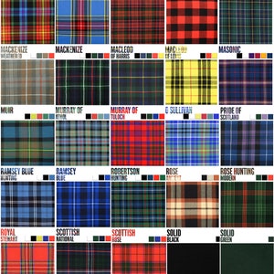 May include: A chart of different tartan patterns, each with a name, such as "Macbeth", "MacDonald", "MacGregor", "Pride of Scotland", and "Royal Stewart".