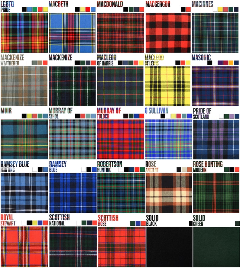 May include: A chart of different tartan patterns, each with a name, such as "Macbeth", "MacDonald", "MacGregor", "Pride of Scotland", and "Royal Stewart".