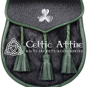 Premium Handmade - Black Leather Scottish Semi Dress Sporran - KILT SPORRAN - Shamrock Leaf Emblem