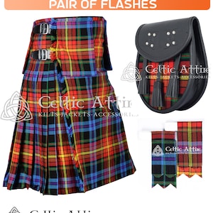 May include: A red, black, yellow, blue, and green tartan kilt with a matching sporran and two flashes. The sporran is black leather with silver studs and a red, black, yellow, blue, and green tartan flap. The flashes are red, black, yellow, blue, and green tartan with the text "Celtic Attire" in white.
