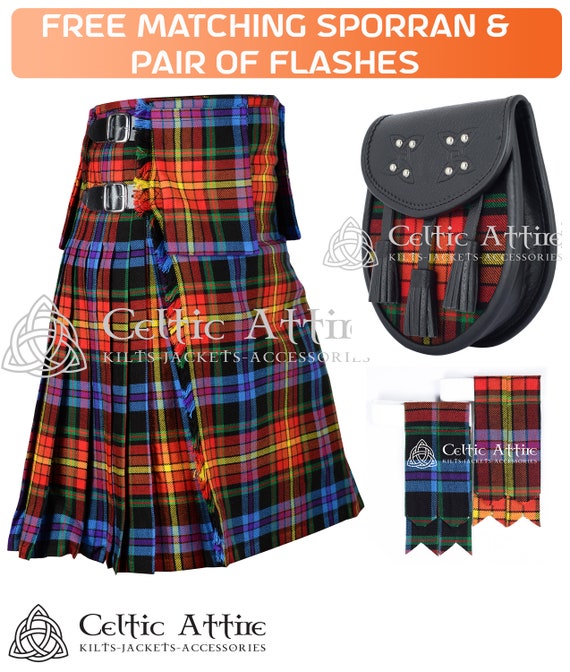 Scottish 8 Yard Tartan kilt Package with 3 Detachable Pockets – Kilt – SPORRAN – FLASHER - LGBTQ Pride Tartan