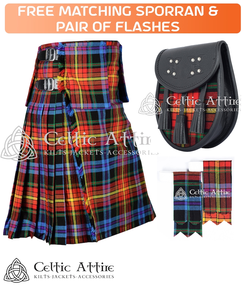 May include: A red, black, yellow, blue, and green tartan kilt with a matching sporran and two flashes. The sporran is black leather with silver studs and a red, black, yellow, blue, and green tartan flap. The flashes are red, black, yellow, blue, and green tartan with the text "Celtic Attire" in white.