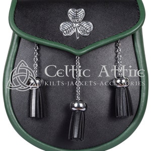 Premium Handmade - Black Leather Scottish Day Sporran - KILT SPORRAN - Shamrock Leaf Emblem - St. Patrick Day Parade