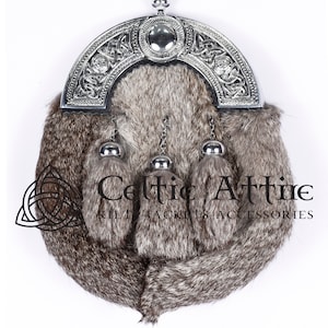 Premium - Handmade - Traditional Scottish Full Dress Sporran - Black Leather & Brown Rabbit Fur - Celtic Sporran - Kilt Sporran and Belt