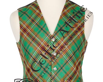 May include: A green, red, yellow, and black plaid vest with a black leather trim. The vest has five silver buttons and a Celtic knot design on the bottom left corner. The text "Celtic Attire Kilt Makers" is printed on the vest.