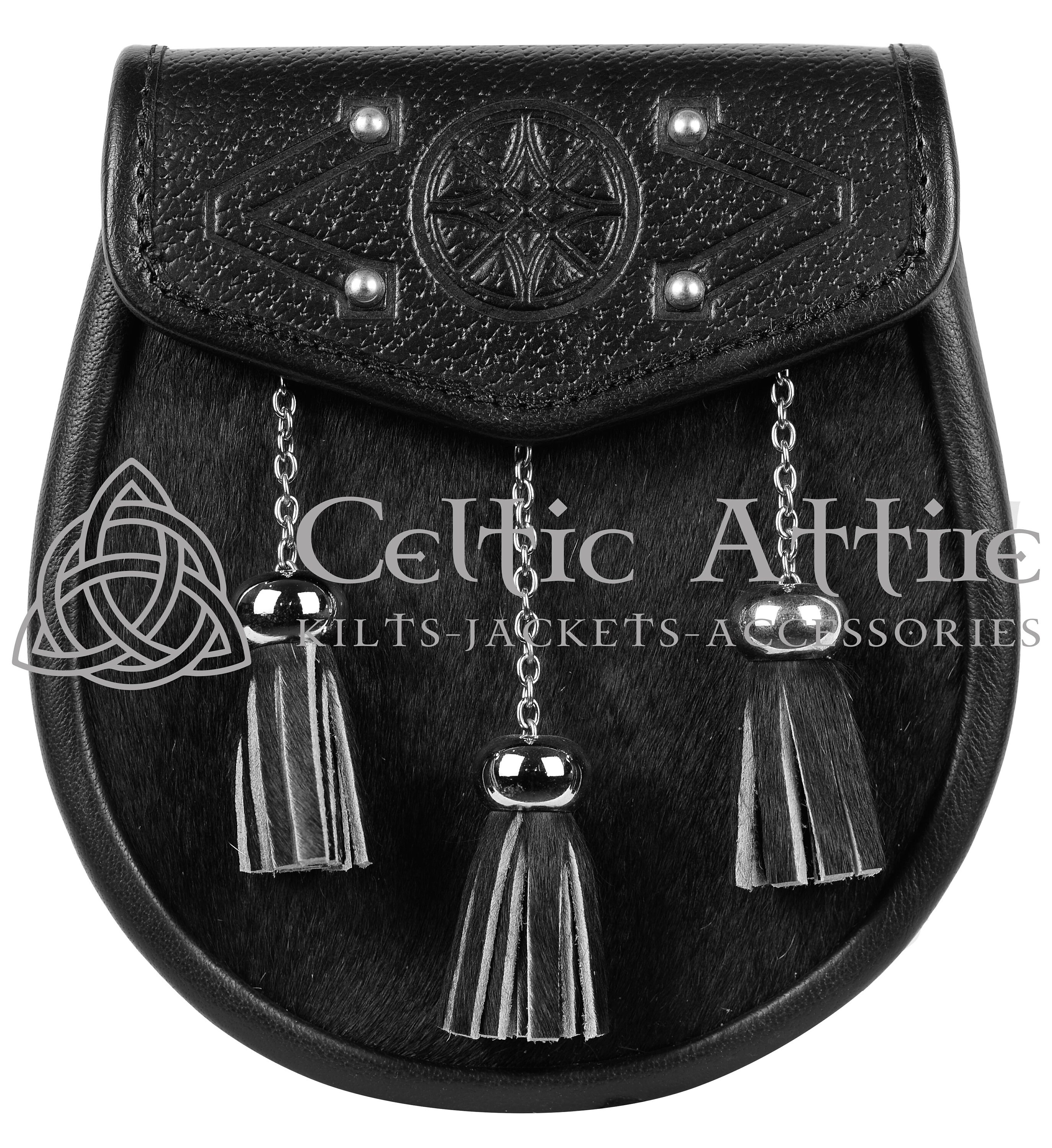 Sporran in pelle nera scozzese con doppia goffratura e cintura Sporran in pelle nera scozzese con doppia goffratura e cintura