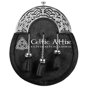 Premium - Handmade - Traditional Scottish Full Dress Sporran - Black Bovine Fur - Silver Cantle - Celtic Sporran - Kilt Sporran and Belt