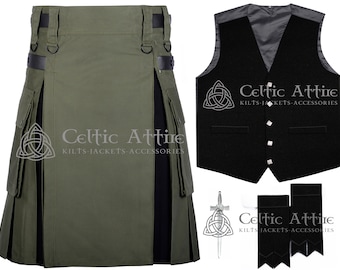 May include: A green and black utility kilt with a black waistcoat, a sword, and two black kilt hose. The kilt has a black trim and pockets. The waistcoat has a Celtic knot design and the text "Celtic Attire" with the words "Kilts-Jackets-Accessories".