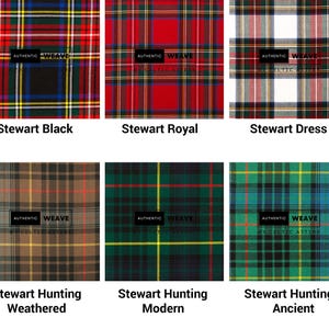 Op de afbeelding: Zes verschillende tartan stofpatronen worden getoond, elk met een uniek kleurenschema en naam. De patronen omvatten Stewart Black, Stewart Royal, Stewart Dress, Stewart Hunting Weathered, Stewart Hunting Modern en Stewart Hunting Ancient.