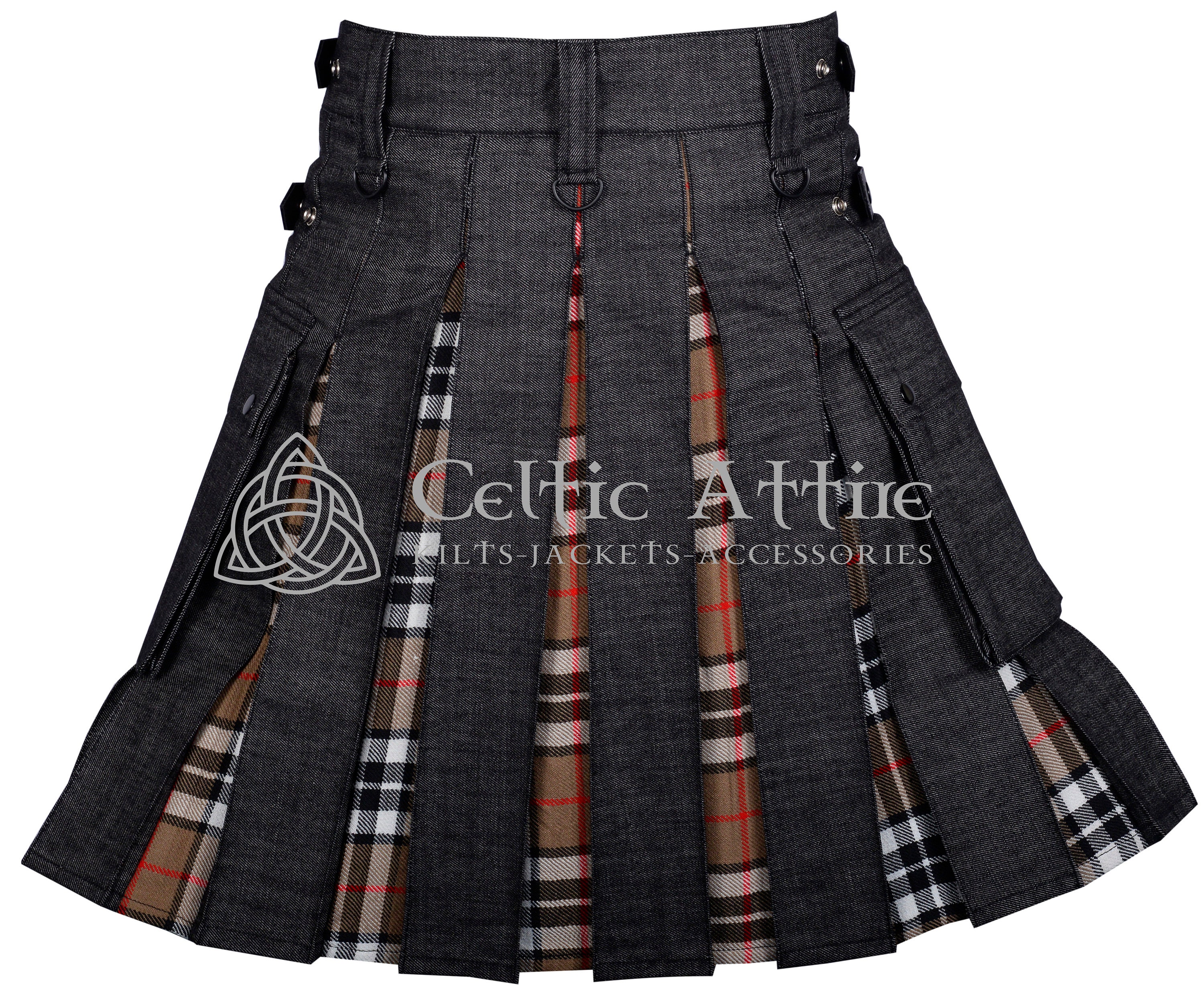 Sort Kalot Black Denim Utility Hybrid Kilt - Scottish Tartan Cargo Pockets KILT ...