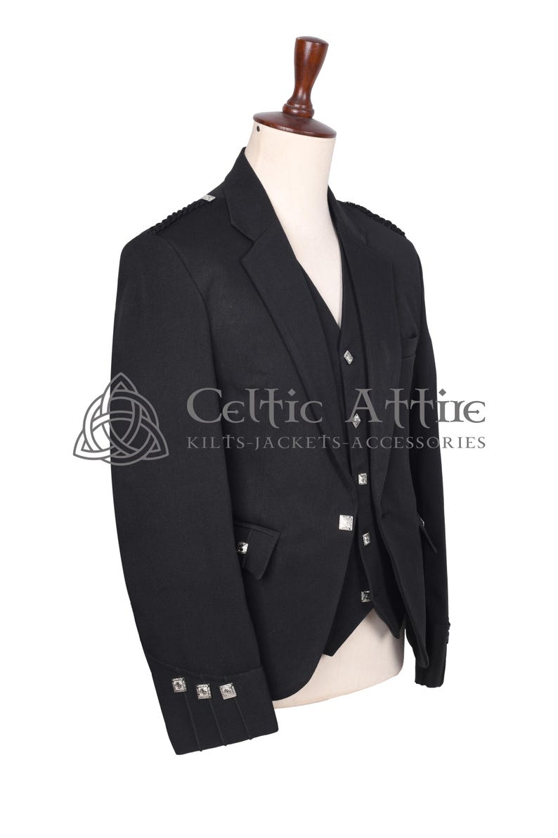 Black Barathea Wool Argyll Scottish Jacket and Waistcoat - Made to Measure - by Celtic Attire