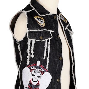 Black Denim Fringed Patch Work Punk-Rock Gothic Vest for Men