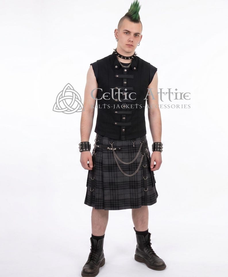 Utilty Goth Gothic Kilt Value Pack – Punk Rock Utility Kilt, Leather Belt, Cyber ...