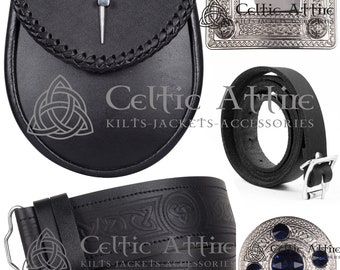 Black Leather Semi Dress Sporran - Plain Black Leather KILT SPORRAN Package - Sporran Belt - Leather Kilt Belt & Buckle - Brooch Pin