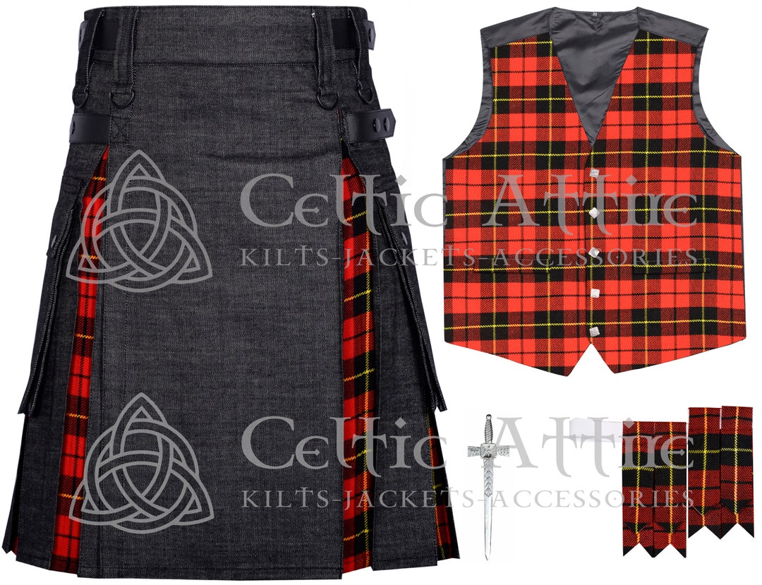 Sort Kalot Black Denim Utility Hybrid Kilt - Scottish Tartan Cargo Pockets KILT ...