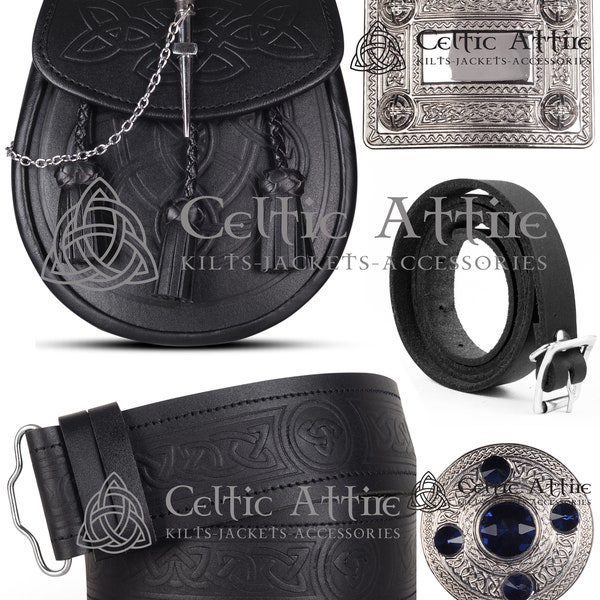 Black Leather Semi Dress Sporran - Celtic Knots Embossing - KILT SPORRAN Package - Sporran Belt - Leather Kilt Belt & Buckle - Brooch Pin