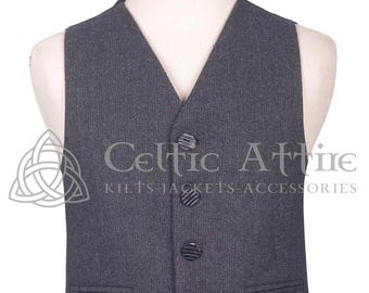 Scottish Tweed Waistcoat - 5 Buttons Argyll Vest - Gray Tweed Waistcoat - 100% Wool - Premium Handmade - Kilt Waistcoat - Herringbone Vest