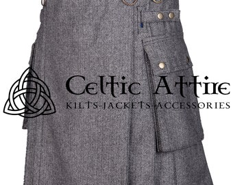 Grauer Schottischer Kilt aus Tweed Wolle - Hergestellt auf Bestellung - Premium Handarbeit - Echte 16 Oz Wolle - Highlander Kilt für Männer - Cargo Kilt