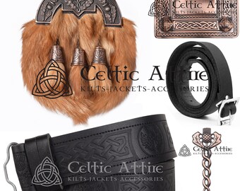 Scottish KILT SPORRAN Qualité Cuir Robe Complète Sporran 6 Pcs Package - Vraie Fourrure - Premium Fait à la Main - Cuivre Bronze Chardon Cantle Sporran