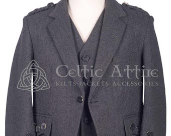 May include: A gray herringbone tweed jacket with black buttons and a matching vest. The jacket has a traditional design with a single-breasted closure and flap pockets. The vest has a V-neck and a button closure. The jacket and vest are both trimmed with black piping. The text "Celtic Attire Kilts Jackets Accessories" is printed on the jacket.