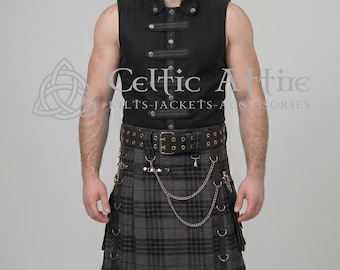 Kilt gotico Gray Watch Tartan – Kilt utility punk rock, cintura in pelle, gilet cyber gotico