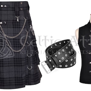Tartan Plaid Gothic Kilt Value Pack - Tartan Utility Kilt - Punk Rock - Free Waistcoat - Leather Kilt Belt - Custom Made - Cyber Goth