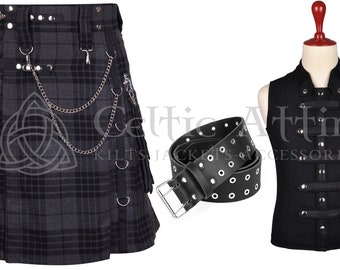 Tartan Plaid Gothic Kilt Vorteilspaket - Tartan Kilt - Punk Rock - Free Weste - Leder Kilt Gürtel - Custom Made - Cyber Goth