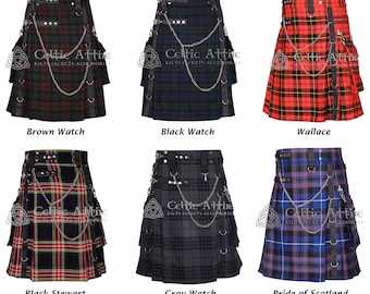 May include: Six different kilt styles with various tartan patterns, including Black Watch, Brown Watch, Wallace, Black Stewart, Gray Watch, and Pride of Scotland. Each kilt features a black leather belt with silver buckles and chains, and a black leather strap with silver buckles and rings.