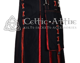 New Handmade Red and Black Hybrid Cotton Utility Kilt for Men - Halloween Theme