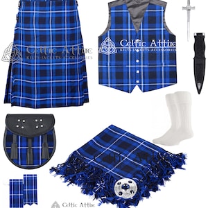 Kilt tartan tradicional escocês de 8 jardas e 8 acessórios - Kilt Pin - Fly - Colete - Broche - Meias - Sporran - Sgian Dubh - Flashes