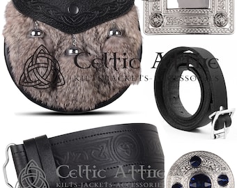 Black Leather Semi Dress Sporran - Brown Rabbit Fur - KILT SPORRAN Package - Sporran Belt - Leather Kilt Belt & Buckle - Brooch Pin