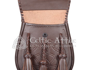 SHYNE KILTS U.K Borsa scozzese in pelo per celtic decorato pelle marrone chiusura spilla dettaglio e Catena FOR kilt