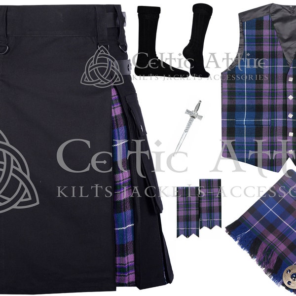 Schotse Tartan Utility Kilt voor heren - 7 stuks Value Pack - Made to Order Hybrid Kilt - 60 kleuren - Vest Sokken Kilt Pin Fly Plaid Broche