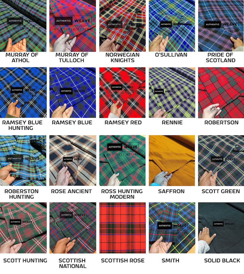 May include: A collection of 15 different tartan fabrics, each with a unique pattern and color combination. The fabrics are arranged in a grid, with the names of each tartan listed below. The fabrics are all made by Celtic Attire.
