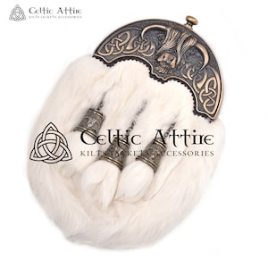 Premium Handmade Scottish Full Dress Sporran - KILT SPORRAN - Black Leather - Real White Rabbit Fur - Brass Highland Cow Cantle and Tassels