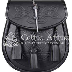 Premium Handarbeit - Schwarzer Leder Schottischer Kilt DAY SPORRAN & Kettengürtel - Kilt Sporran - Keltischer Sporran - Geprägter Sporran