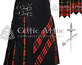 May include: Black utility kilt with red and yellow tartan accents. The kilt has a diagonal panel of tartan and a large cargo pocket on the front. The kilt is paired with a matching tartan sash and a silver kilt pin.