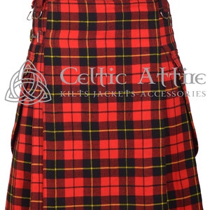 May include: A red, black, and yellow tartan kilt with a Celtic Attire logo. The kilt has a pleated design and is made of a woven fabric.