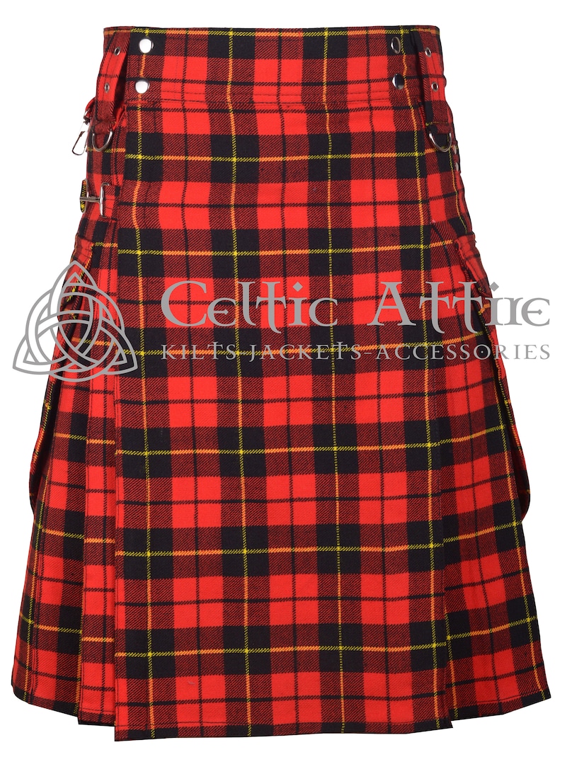 May include: A red, black, and yellow tartan kilt with a Celtic Attire logo. The kilt has a pleated design and is made of a woven fabric.