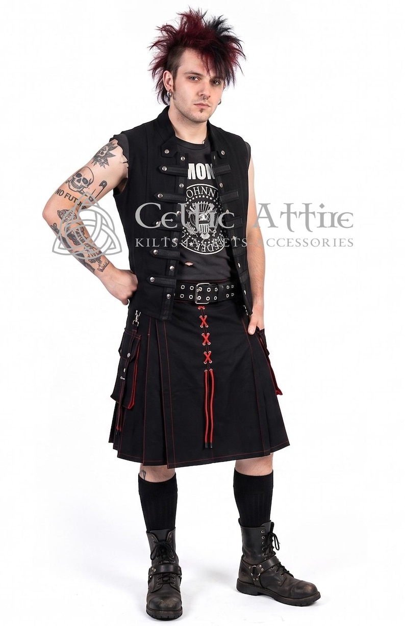 Utilty Goth Gothic Kilt Value Pack – Punk Rock Utility Kilt, Leather Belt, Cyber ...