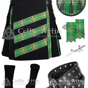 Black Cotton Utility Hybrid KILT Package - Free Kilt Pin - Pair of Flashes - Semi Dress Sporran - Black Socks - Leather Kilt Belt