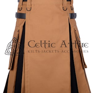 Premium - Handmade - Scottish Hybrid UTILITY KILT For Men - Camel Brown Canvas & Black Tartan